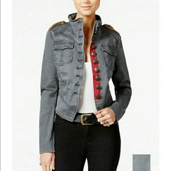 Free People Shrunken Military Jacket M Studded Green Gray Great Buttons Crop - Picture 3 of 14